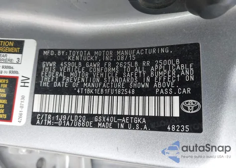 2015 Toyota Avalon Xle from USA, damaged, VIN 4T1BK1EB1FU182548